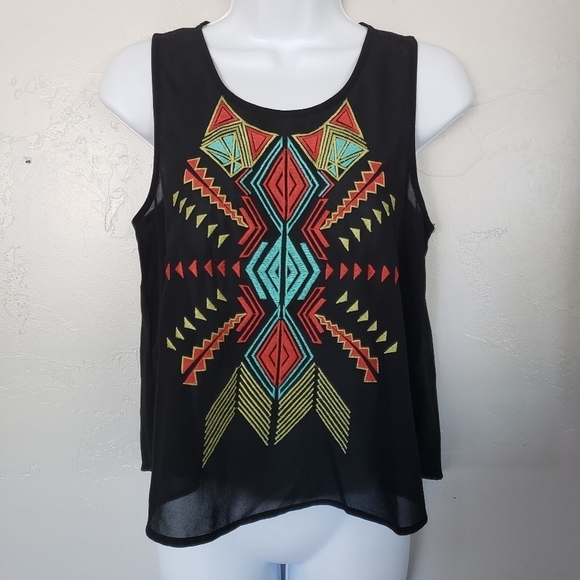 Lush XS Black Chiffon Tank Top Sleeveless Blouse Western Embroidery Keyhole - Picture 1 of 8